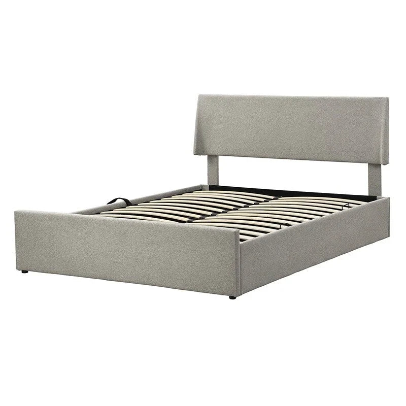 Lit double avec rangement hydraulique, lin beige, 2 places