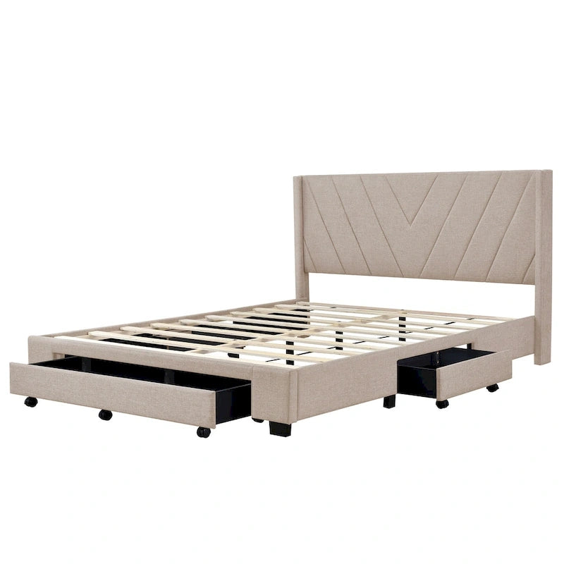 Lit double avec rangement hydraulique, lin beige, 2 places