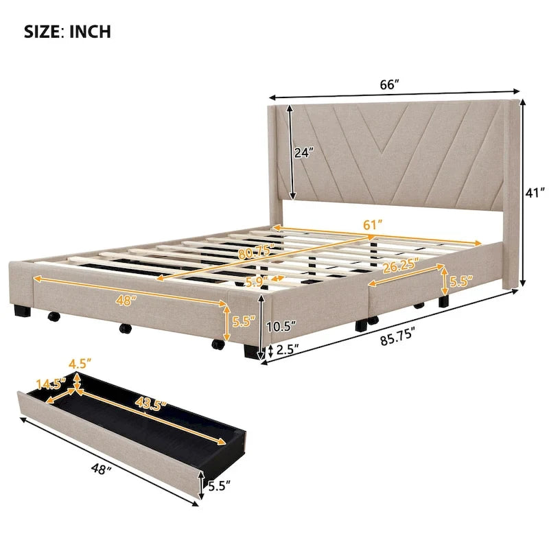 Lit double avec rangement hydraulique, lin beige, 2 places