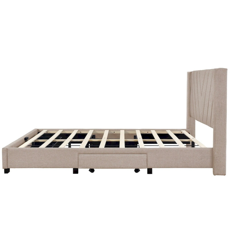 Lit double avec rangement hydraulique, lin beige, 2 places
