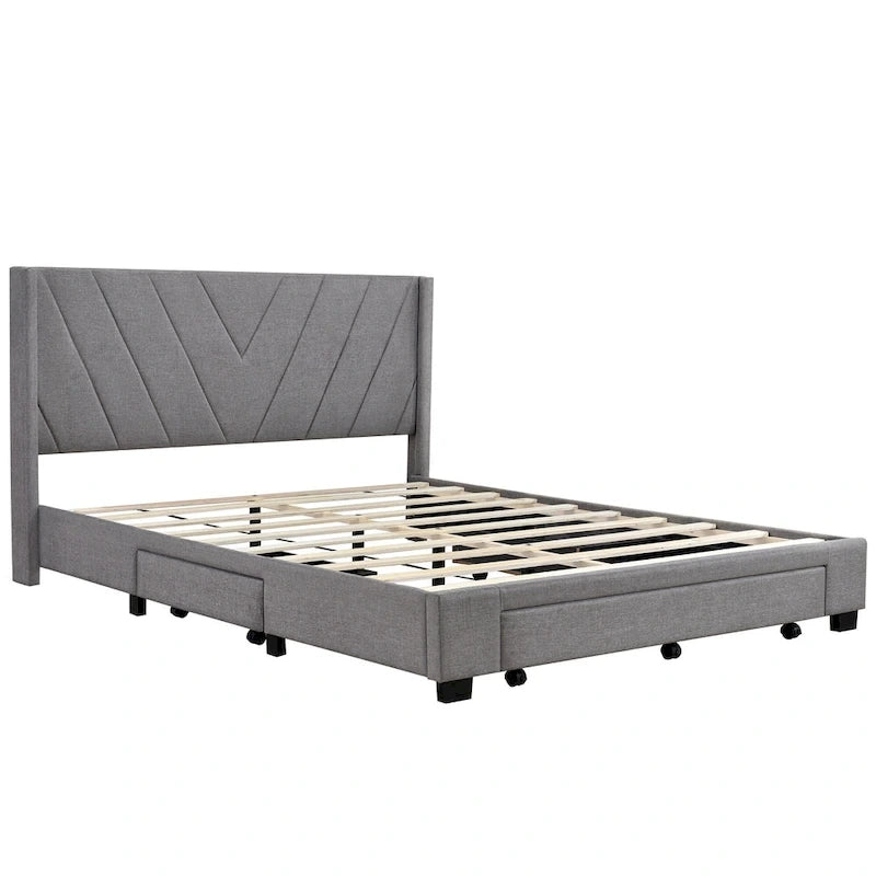 Lit double avec rangement hydraulique, lin beige, 2 places