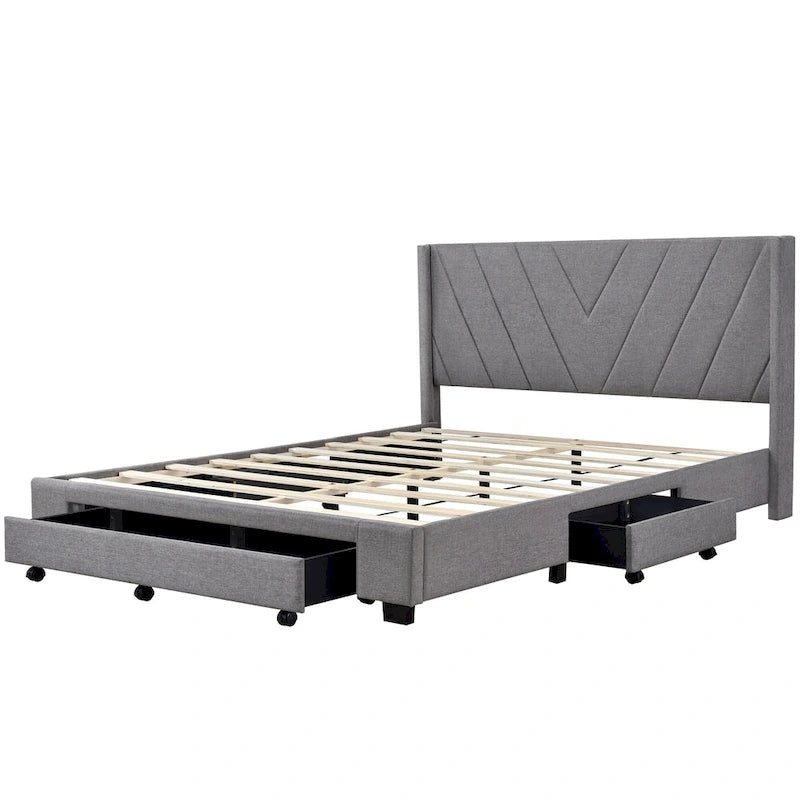 Lit double avec rangement hydraulique, lin beige, 2 places