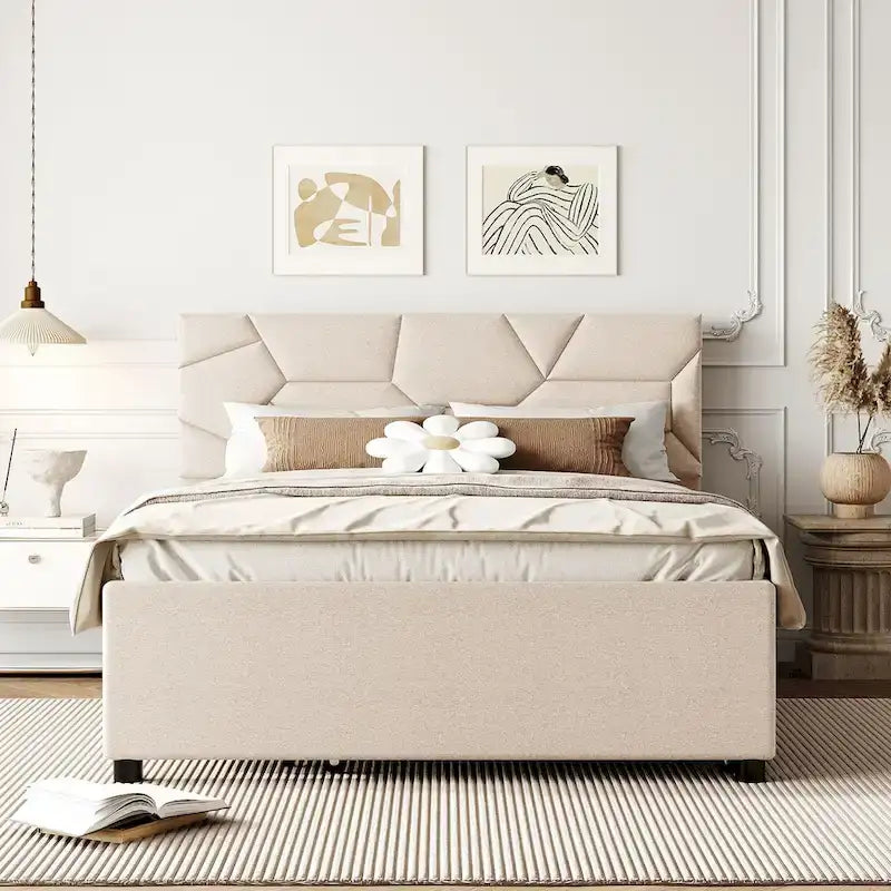 Lit plateforme complet en lin beige avec tête de lit en brique et lit gigogne double – Peut accueillir 2 personnes ou plus