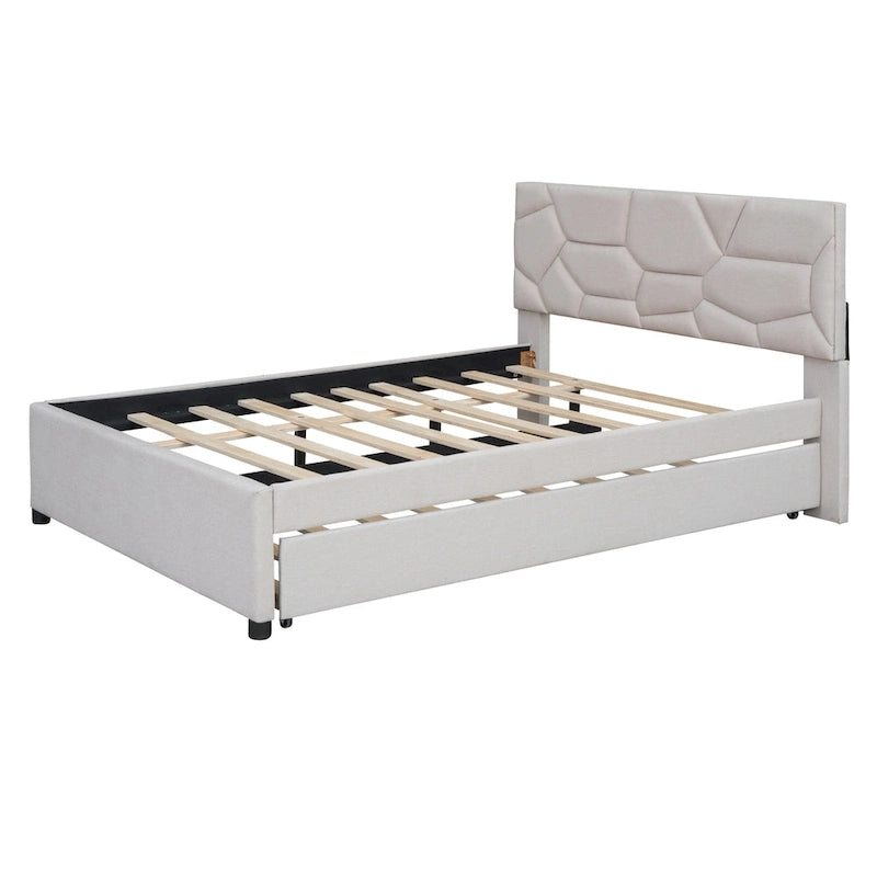 Lit plateforme complet en lin beige avec tête de lit en brique et lit gigogne double – Peut accueillir 2 personnes ou plus