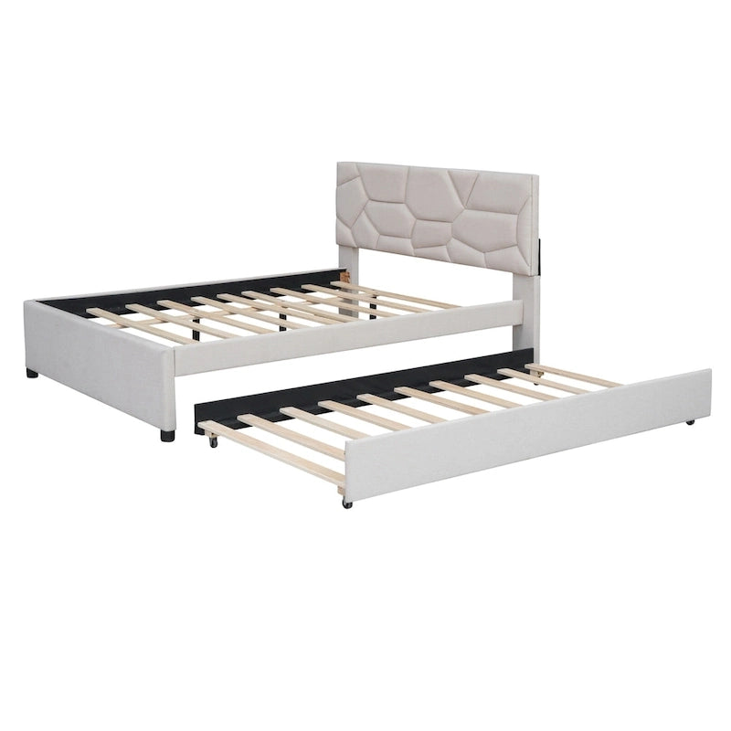 Lit plateforme complet en lin beige avec tête de lit en brique et lit gigogne double – Peut accueillir 2 personnes ou plus