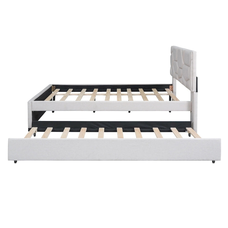 Lit plateforme complet en lin beige avec tête de lit en brique et lit gigogne double – Peut accueillir 2 personnes ou plus
