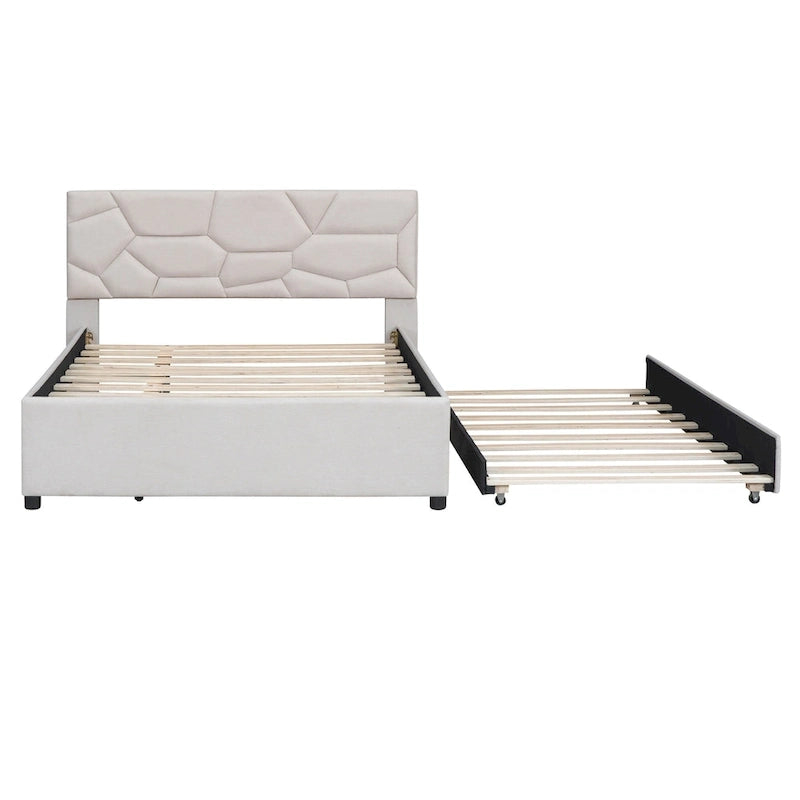 Lit plateforme complet en lin beige avec tête de lit en brique et lit gigogne double – Peut accueillir 2 personnes ou plus