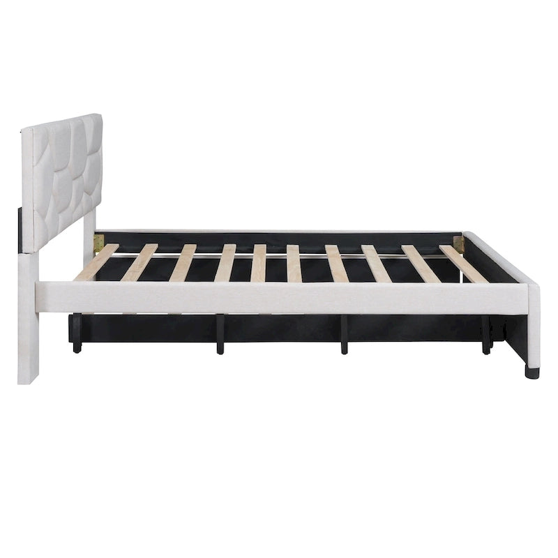 Lit plateforme complet en lin beige avec tête de lit en brique et lit gigogne double – Peut accueillir 2 personnes ou plus