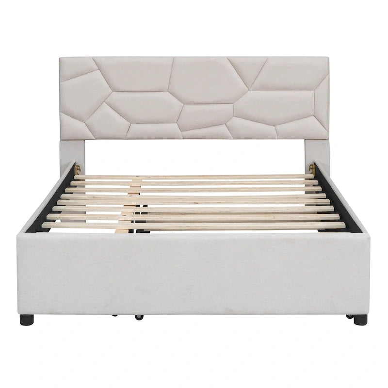 Lit plateforme complet en lin beige avec tête de lit en brique et lit gigogne double – Peut accueillir 2 personnes ou plus