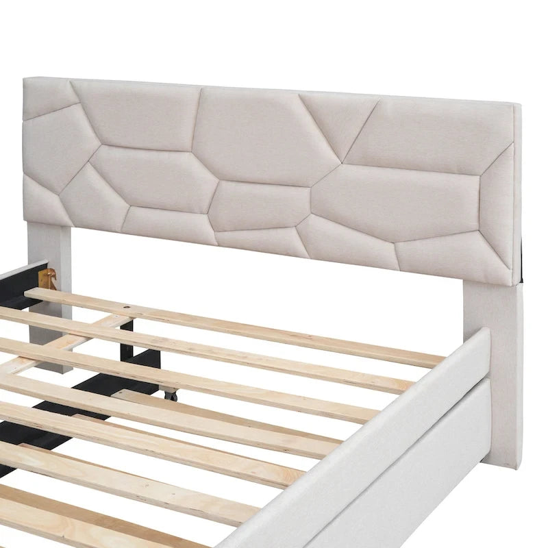 Lit plateforme complet en lin beige avec tête de lit en brique et lit gigogne double – Peut accueillir 2 personnes ou plus