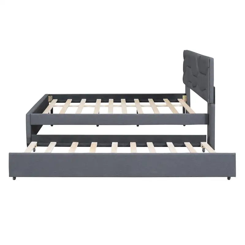 Lit plateforme complet en lin beige avec tête de lit en brique et lit gigogne double – Peut accueillir 2 personnes ou plus