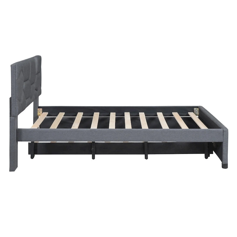 Lit plateforme complet en lin beige avec tête de lit en brique et lit gigogne double – Peut accueillir 2 personnes ou plus