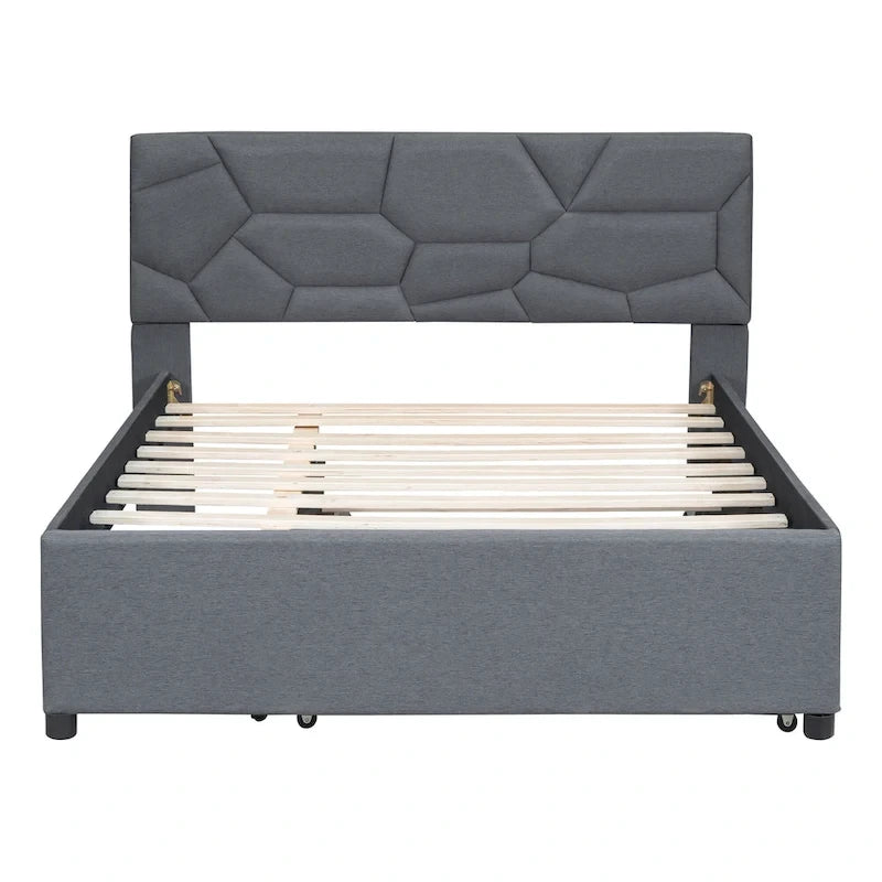 Lit plateforme complet en lin beige avec tête de lit en brique et lit gigogne double – Peut accueillir 2 personnes ou plus