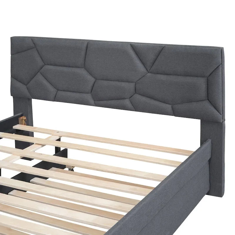 Lit plateforme complet en lin beige avec tête de lit en brique et lit gigogne double – Peut accueillir 2 personnes ou plus