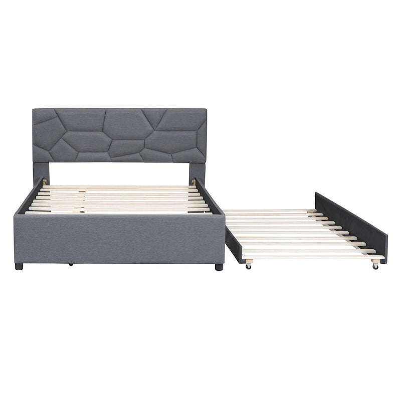 Lit plateforme complet en lin beige avec tête de lit en brique et lit gigogne double – Peut accueillir 2 personnes ou plus