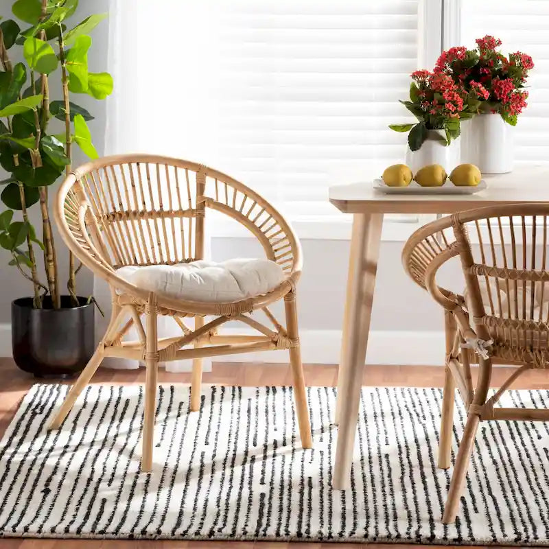 Chaise de salle à manger bohème en rotin blanc et marron naturel, lot de 1