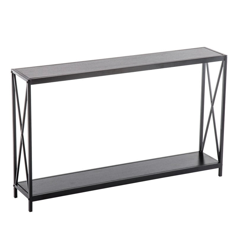 Console étroite noire/grise avec cadre en fer en croix, assemblage par 1 personne
