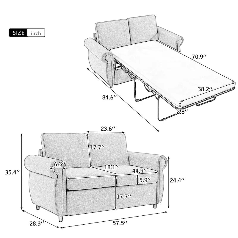 Canapé-lit gris/marron avec matelas en mousse à mémoire de forme, 2 places