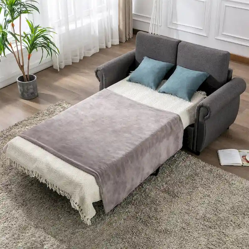 Canapé-lit gris/marron avec matelas en mousse à mémoire de forme, 2 places
