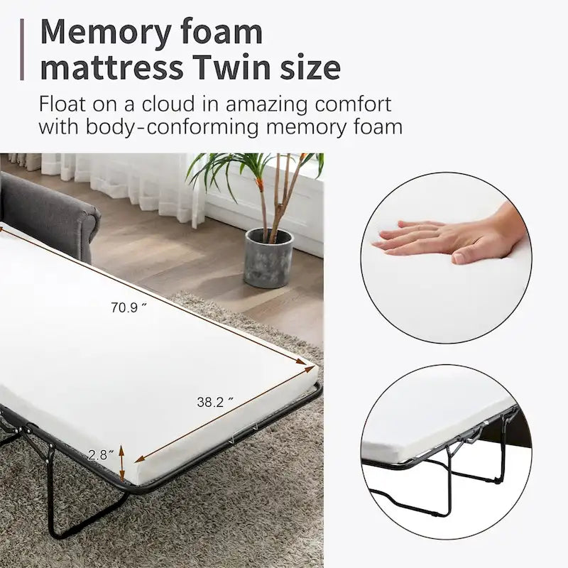 Canapé-lit gris/marron avec matelas en mousse à mémoire de forme, 2 places