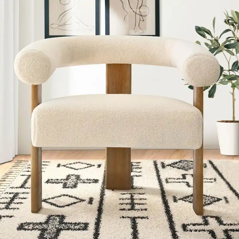 Fauteuil beige en bouclette, dossier ouvert incurvé, un seul siège