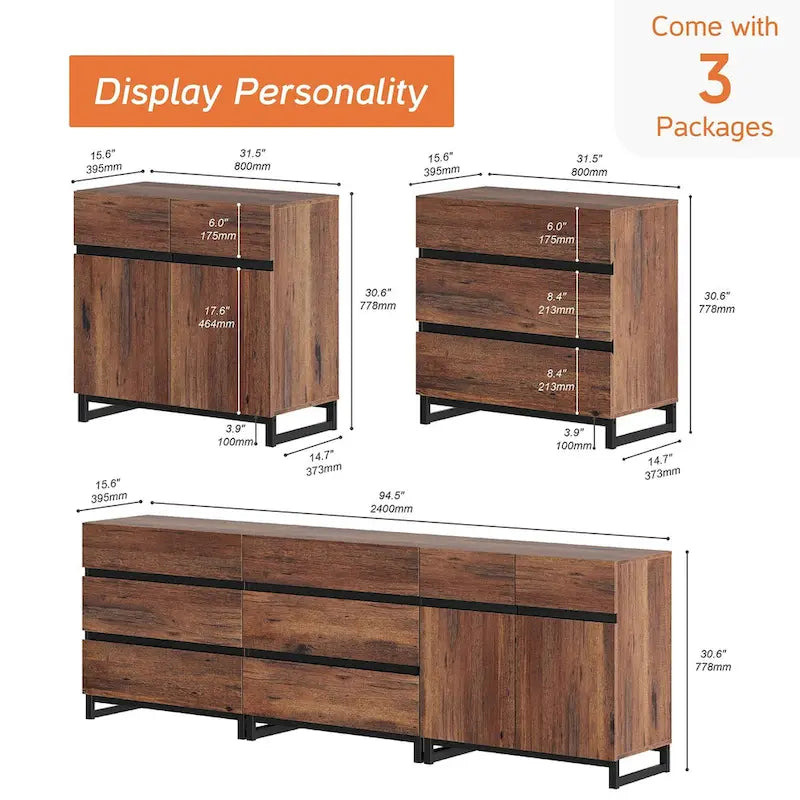 Meuble TV et buffet en noyer marron, style moderne, assemblage 1 personne