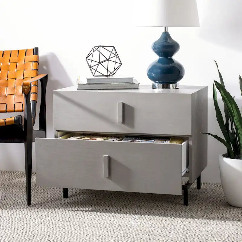 Cabinet de rangement à 2 tiroirs marron foncé/gris – Commode en bois sur cadre en métal noir