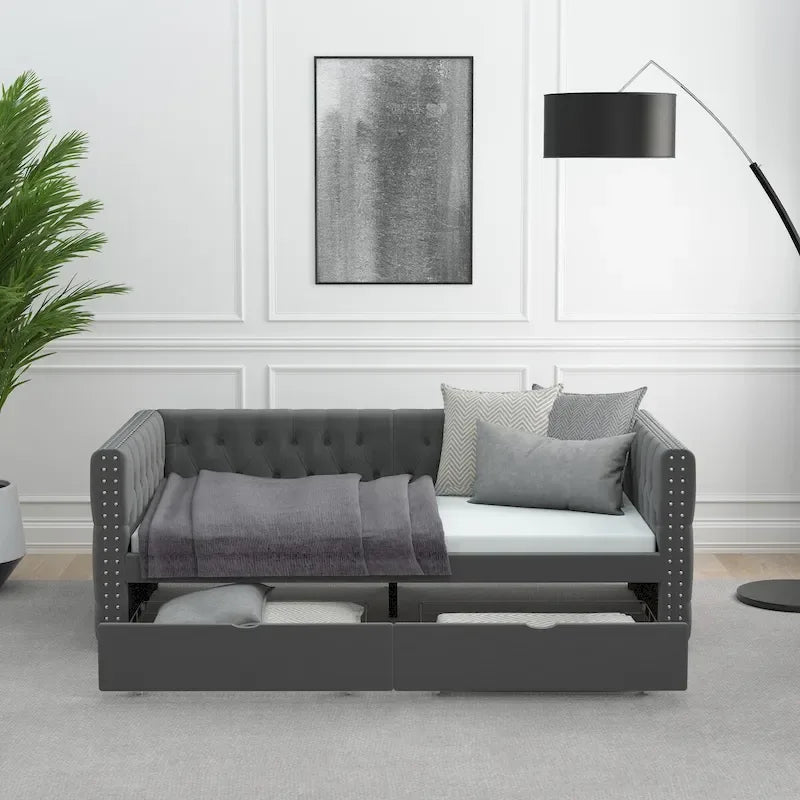 Canapé-lit capitonné en velours gris/beige avec 2 tiroirs et clous en cuivre – Lit jumeau, 1 à 2 places