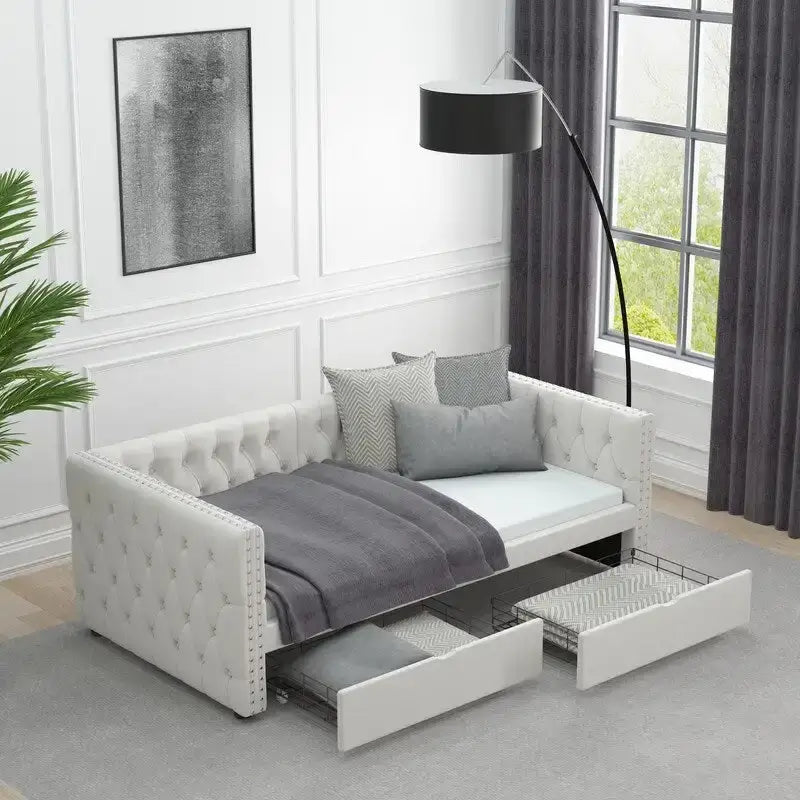 Twin Size Upholstered Tufted Daybed with Drawers,Button and Copper Nail