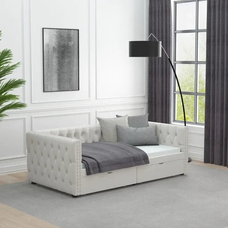 Canapé-lit capitonné en velours gris/beige avec 2 tiroirs et clous en cuivre – Lit jumeau, 1 à 2 places