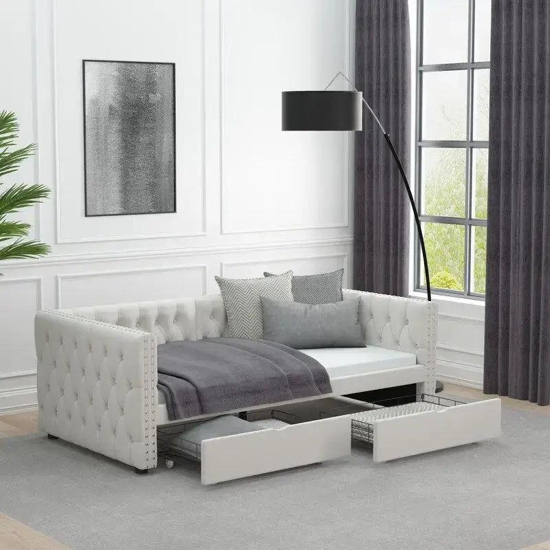 Canapé-lit capitonné en velours gris/beige avec 2 tiroirs et clous en cuivre – Lit jumeau, 1 à 2 places