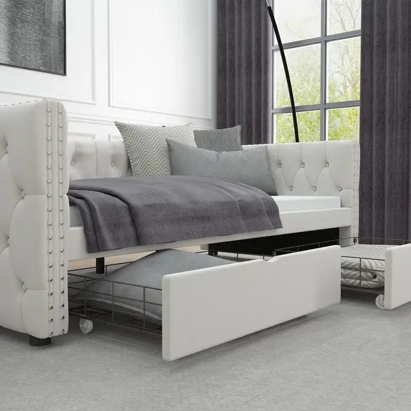 Canapé-lit capitonné en velours gris/beige avec 2 tiroirs et clous en cuivre – Lit jumeau, 1 à 2 places