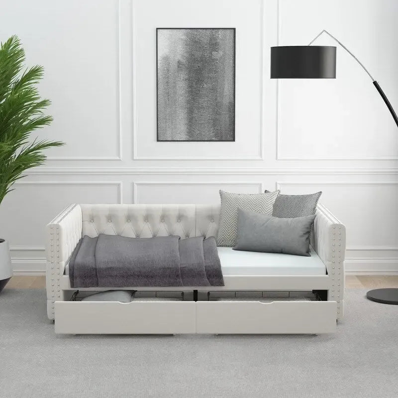 Canapé-lit capitonné en velours gris/beige avec 2 tiroirs et clous en cuivre – Lit jumeau, 1 à 2 places
