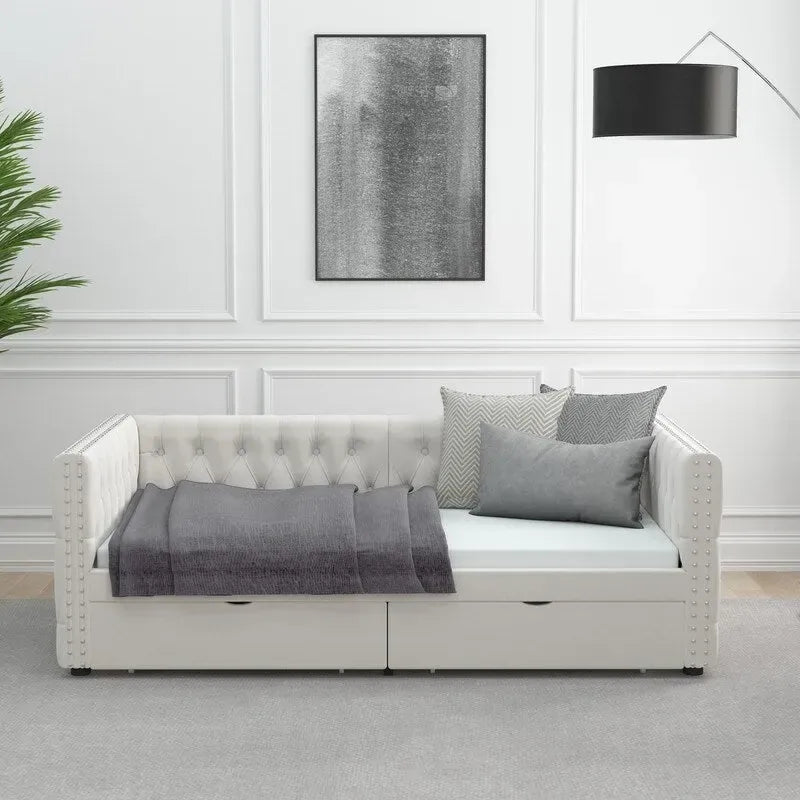 Canapé-lit capitonné en velours gris/beige avec 2 tiroirs et clous en cuivre – Lit jumeau, 1 à 2 places