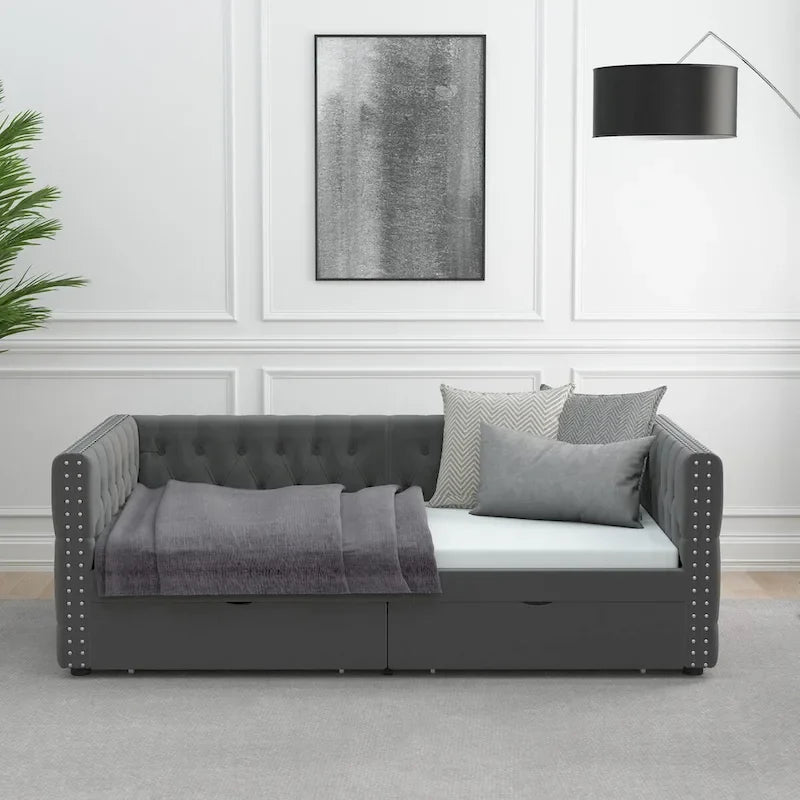 Canapé-lit capitonné en velours gris/beige avec 2 tiroirs et clous en cuivre – Lit jumeau, 1 à 2 places