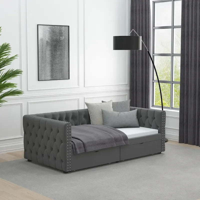 Canapé-lit capitonné en velours gris/beige avec 2 tiroirs et clous en cuivre – Lit jumeau, 1 à 2 places