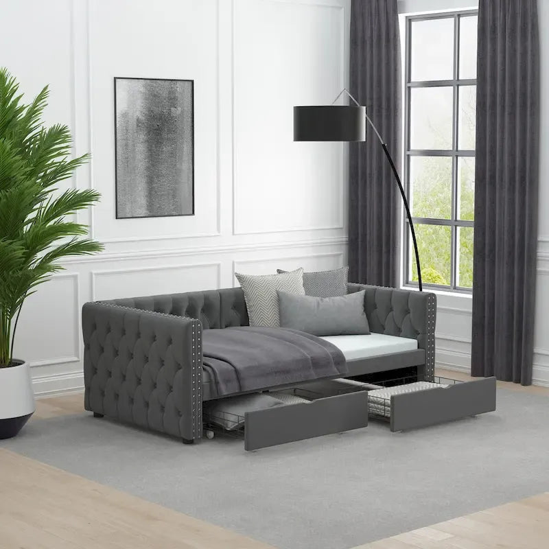Canapé-lit capitonné en velours gris/beige avec 2 tiroirs et clous en cuivre – Lit jumeau, 1 à 2 places