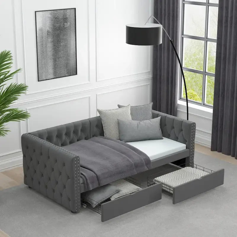 Canapé-lit capitonné en velours gris/beige avec 2 tiroirs et clous en cuivre – Lit jumeau, 1 à 2 places