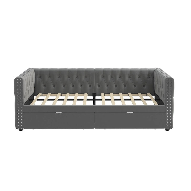 Canapé-lit capitonné en velours gris/beige avec 2 tiroirs et clous en cuivre – Lit jumeau, 1 à 2 places