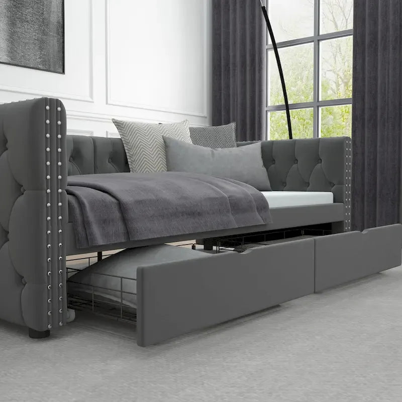 Canapé-lit capitonné en velours gris/beige avec 2 tiroirs et clous en cuivre – Lit jumeau, 1 à 2 places