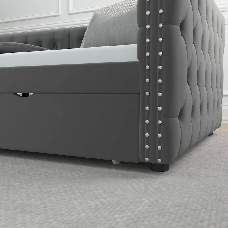 Canapé-lit capitonné en velours gris/beige avec 2 tiroirs et clous en cuivre – Lit jumeau, 1 à 2 places
