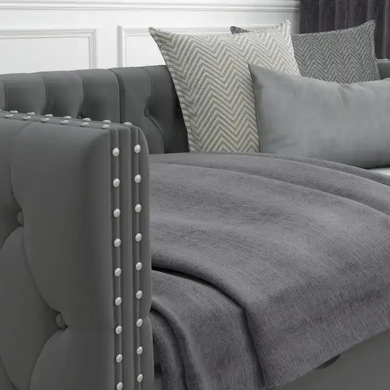 Canapé-lit capitonné en velours gris/beige avec 2 tiroirs et clous en cuivre – Lit jumeau, 1 à 2 places