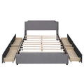 Lit plateforme tapissé en velours gris/beige avec garniture cloutée et 4 tiroirs – Queen