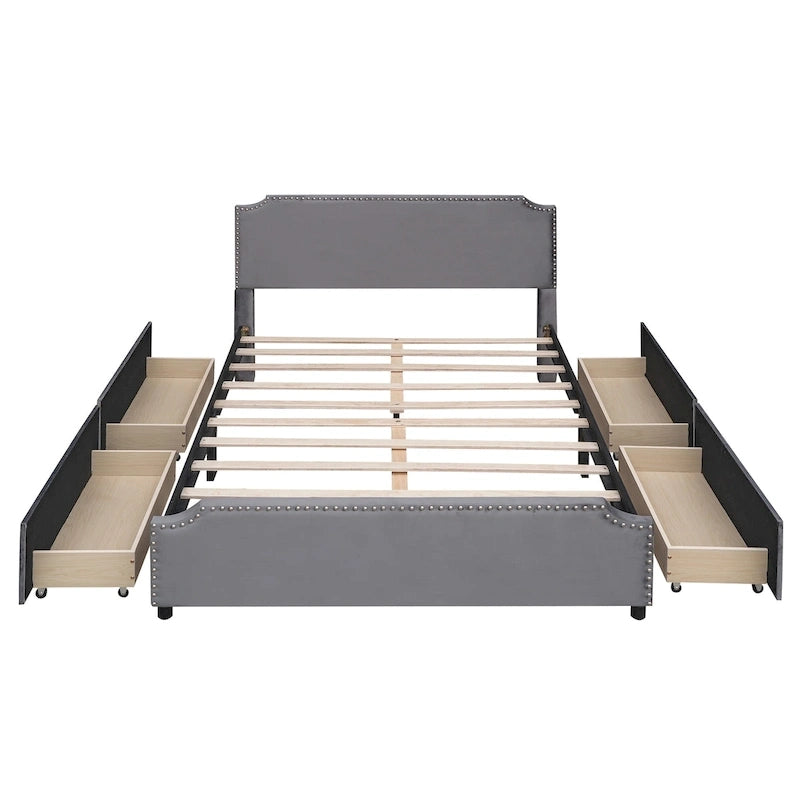 Lit plateforme tapissé en velours gris/beige avec garniture cloutée et 4 tiroirs – Queen