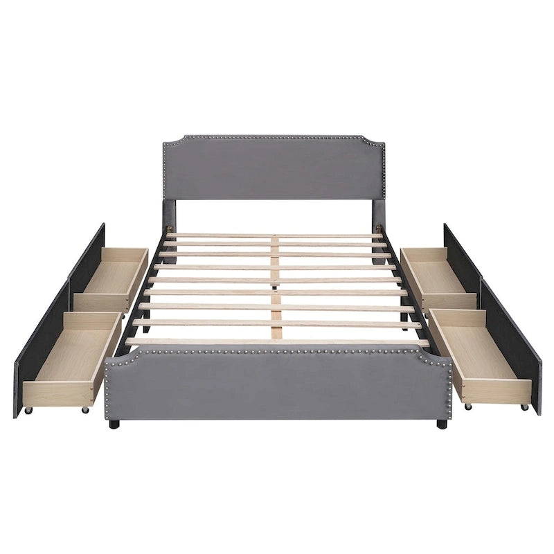 Lit plateforme tapissé en velours gris/beige avec garniture cloutée et 4 tiroirs – Queen