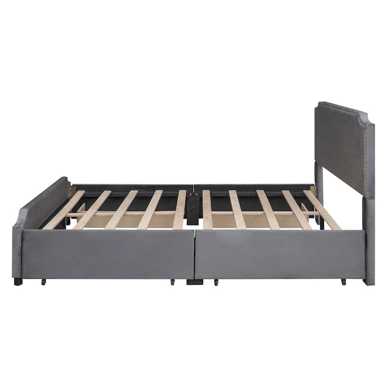 Lit plateforme tapissé en velours gris/beige avec garniture cloutée et 4 tiroirs – Queen
