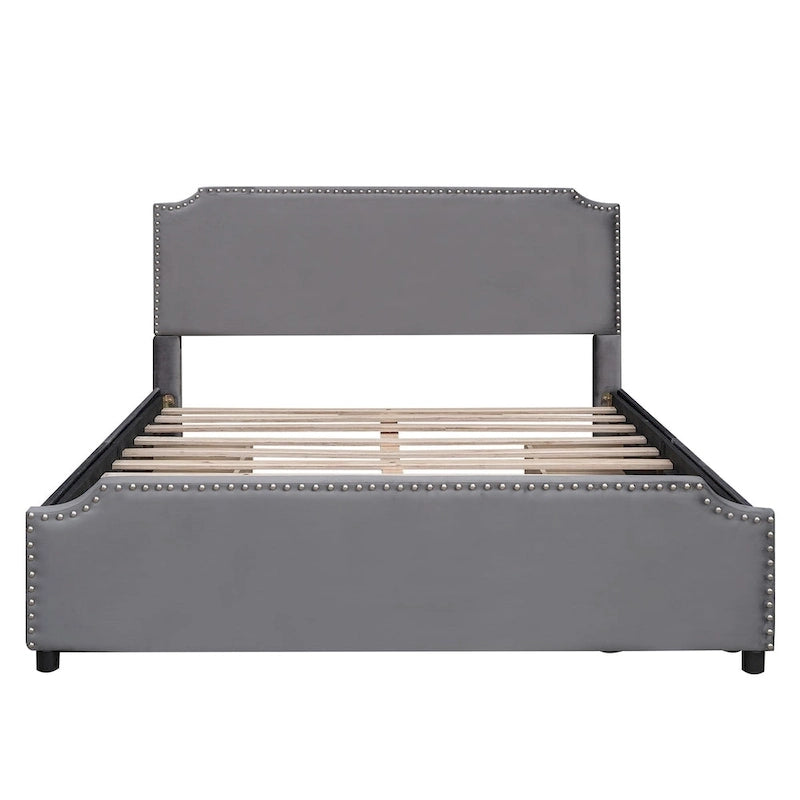 Lit plateforme tapissé en velours gris/beige avec garniture cloutée et 4 tiroirs – Queen