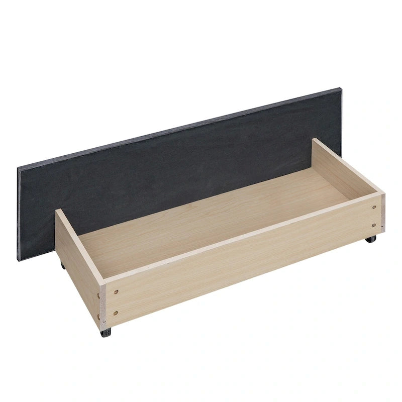 Lit plateforme tapissé en velours gris/beige avec garniture cloutée et 4 tiroirs – Queen