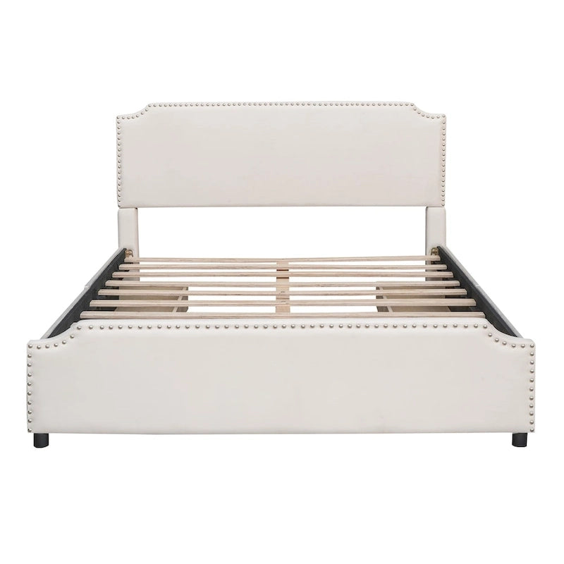 Lit plateforme tapissé en velours gris/beige avec garniture cloutée et 4 tiroirs – Queen