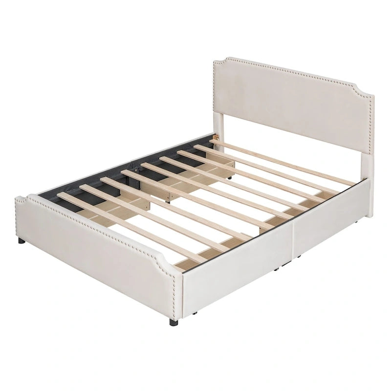 Lit plateforme tapissé en velours gris/beige avec garniture cloutée et 4 tiroirs – Queen